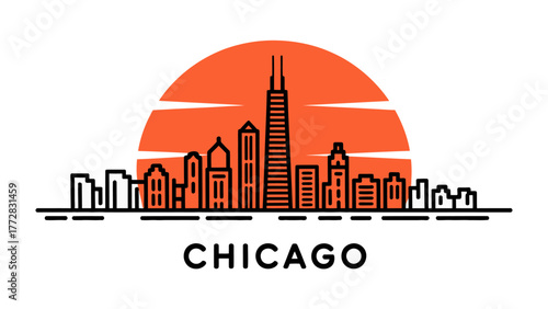 Chicago Skyline Icon: A stylized line art illustration showcases the iconic skyline, evoking the architectural essence of the city. 