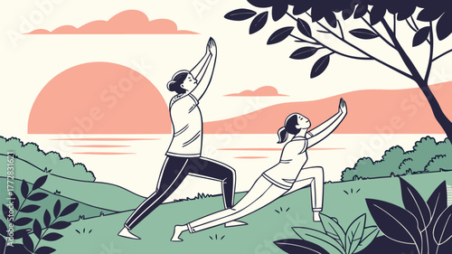 Two people practicing yoga outdoors with a sunset background and nature elements in a minimalist style