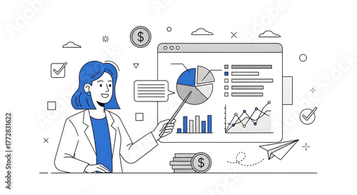 Professional woman confidently presenting financial growth charts and data analysis for strategic investment decisions, using a pointer for emphasis, ensuring success