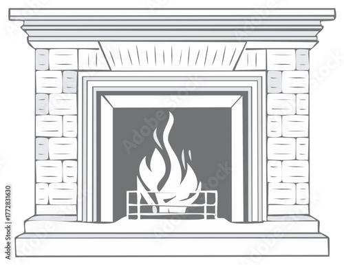 Classic stone fireplace with a warm burning fire vector line art illustration