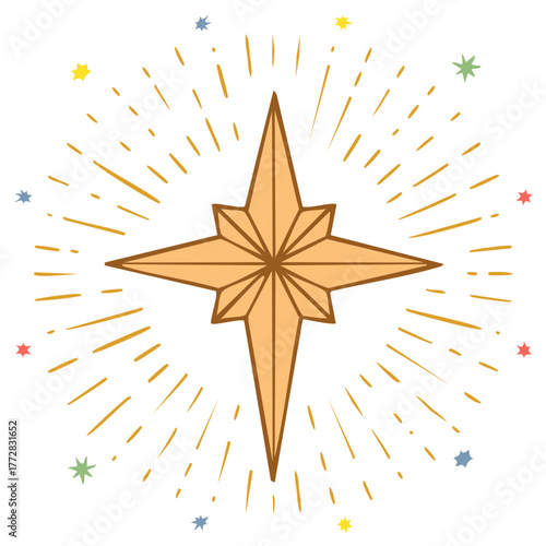 Celestial shining gold star with sunburst rays in a festive hand drawn style for Christmas