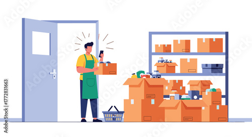 Busy warehouse worker efficiently manages inventory using mobile app amidst organized shelves and overflowing boxes, streamlining logistics operations