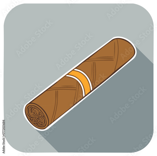 Rolled cigar with an orange label, smoke illustration in brown colors