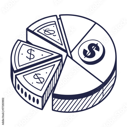 Conceptual illustration of a pie chart with dollar signs representing financial breakdown and business growth