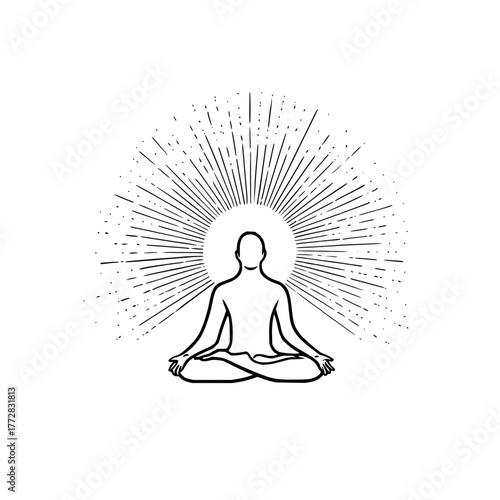 Silhouette of a person meditating in lotus position with radiating lines behind their head on a white background