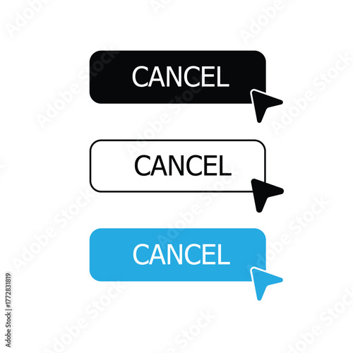 Dynamic vector cancel button set with interactive mouse cursor design, ideal user interface elements for web and mobile applications, providing clear action options for digital projects