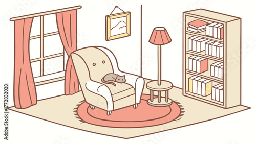 Adobe Illustrator A cozy corner with an armchair cat window bookshelf lamp and rug creating a peaceful and inviting atmosphere