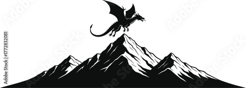Dragon mountain peak fantasy mythical creature silhouette black white adventure