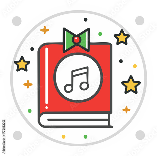 Festive red book with musical note icon and decorative bow, surrounded by abstract celebration elements