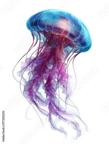 Luminous jellyfish in the depths: A close-up view unveils the ethereal beauty of a jellyfish, its translucent form glowing with vibrant hues of blue and violet.