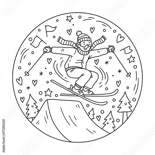 Ski Jump Kicker – Kid Freestyle Air, Flags and Hearts Frame, Winter Line Art Coloring Page