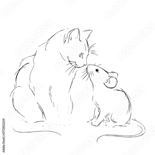 Sketch of a cat looking at a mouse nose to nose in black and white line art illustration style drawing