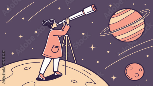 A woman with a telescope standing on a moon looking at planets and stars in a dark space background art