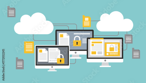 Secure cloud data storage and network security solutions protecting digital information with locked files and computers