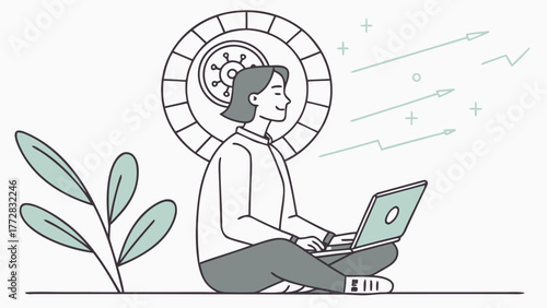A woman sitting cross legged using a laptop with a circular design and plant in a minimalist style art