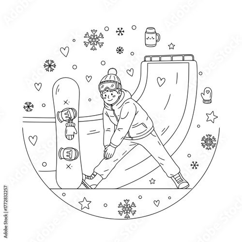Winter snowboard coloring page — cute snowboarder in snow park with board, snowflakes and halfpipe, fun winter sport line art for kids
