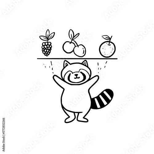 A raccoon holding up a shelf with a blackberry, cherries, and an orange in a black and white drawing