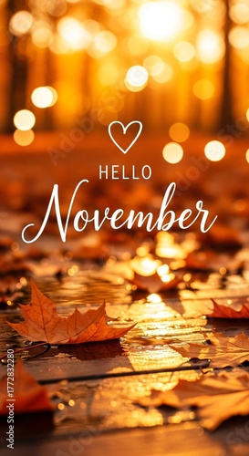 Warm golden sunlight and maple leaves on autumn forest floor with 