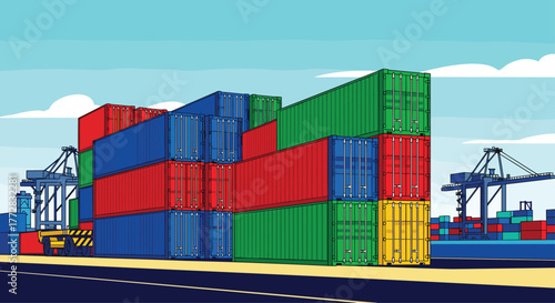 Vibrant stacked shipping containers at a busy port terminal with cranes loading a cargo ship, illustrating global logistics and trade