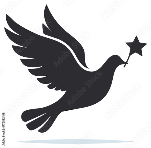 Silhouette of a dove with wings spread carrying a star in its beak