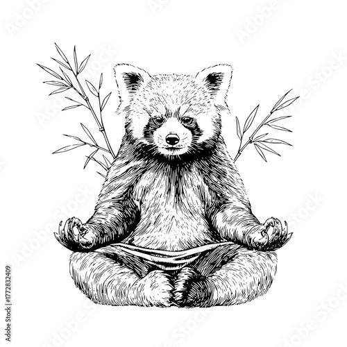 Red panda in lotus position meditating with bamboo shoots in a black and white ink drawing style