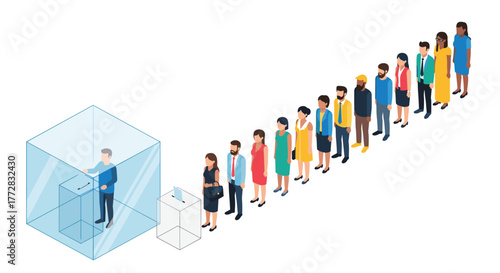 Diverse crowd waits patiently in line for voting booth, showcasing democratic participation and civic duty in a modern society