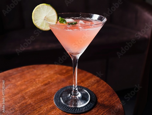 Refreshing pink cocktail garnished with lime and mint