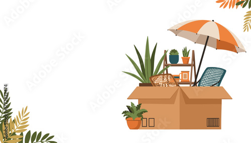 Cozy home belongings packed in a box with plants and umbrella, suggesting relocation or storage with a touch of seasonal charm