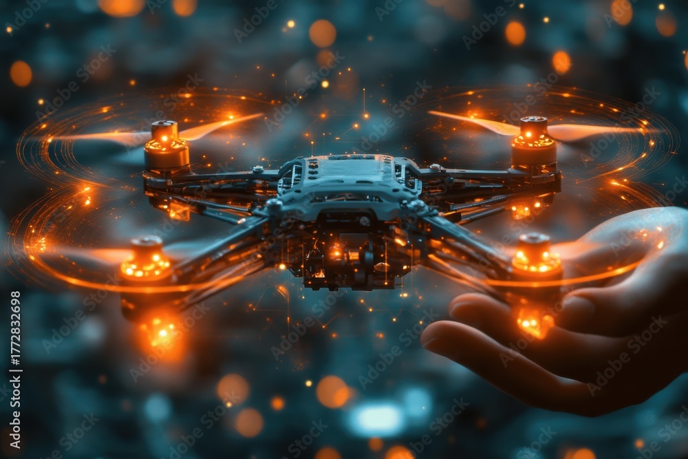 Naklejka premium Hands presenting a futuristic illuminated drone with holographic elements