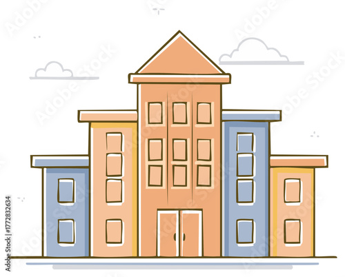 Cartoon illustration of a building with multiple floors against the cloudy sky