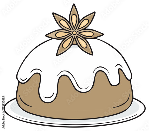 Delicious Traditional Christmas Pudding with Sweet White Icing and Decorative Star Anise Illustration