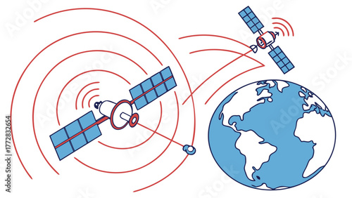 Illustration depicting two satellites communicating with earth using red signal waves in space view