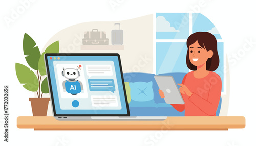 Engaging with AI chatbot on laptop, woman uses tablet in bright, modern home office setting with travel suitcases visible