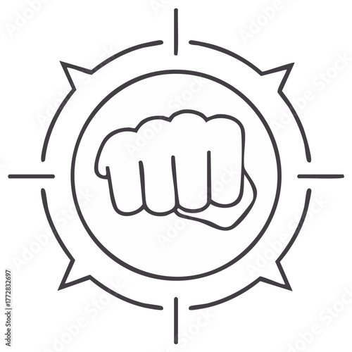Outline of a clenched fist with a compass ring indicates a strong intention