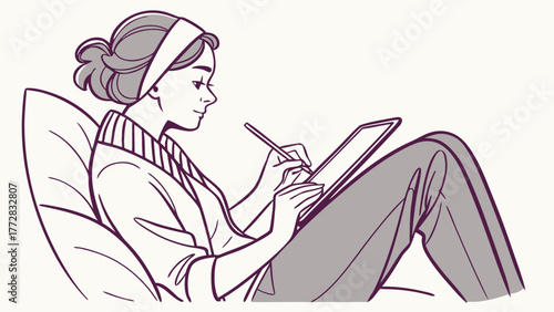A woman with a headband sits against a pillow using a tablet with a stylus for digital art creation work