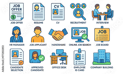 Recruitment and Job Interview Icons – HR, Employment and Career Management Illustration
