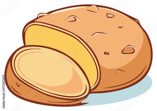 Cartoon illustration of a potato with a slice cut away showing interior details