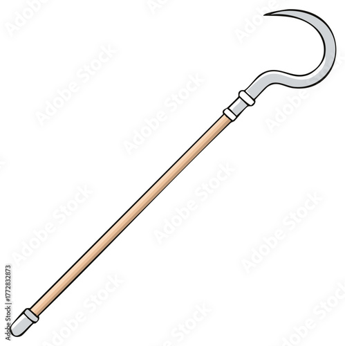Shepherd's crook illustration,  rural farming tools, walking cane, traditional farm hand equipment