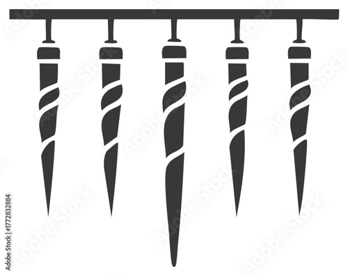 Five stylized icicles hanging from a bar with swirling patterns