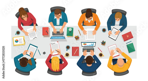 Diverse team collaborating intensely in modern office meeting, analyzing data and brainstorming ideas for business growth and innovation success