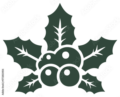 Stylized Dark Green Holly Leaves and Berries Icon