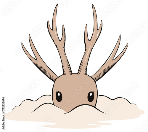 Cute cartoon creature with large antlers peeking out from behind a fluffy cloud or snowdrift illustration