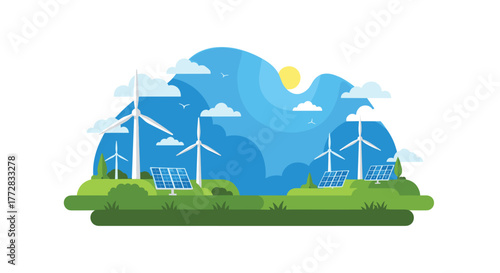 Vibrant renewable energy landscape featuring wind turbines and solar panels under a sunny sky, symbolizing sustainable power and ecological harmony
