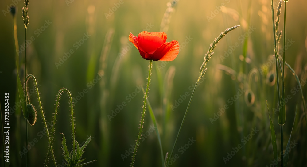 Obraz premium Vibrant red poppy in sunlight amidst green grass and natural foliage