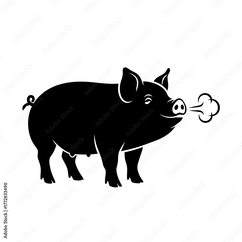 Obraz premium Black pig blowing air from its snout, side view, isolated.