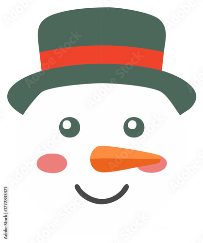 Cheerful Snowman Face with Hat and Carrot Nose Winter Holiday Graphic
