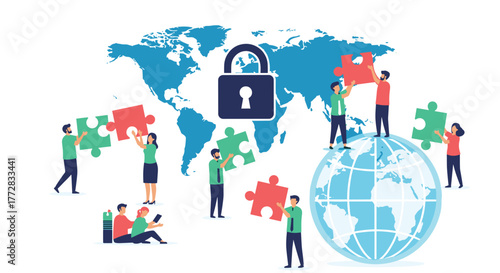 Global collaboration unites puzzle pieces to secure world data, fostering teamwork and international business solutions