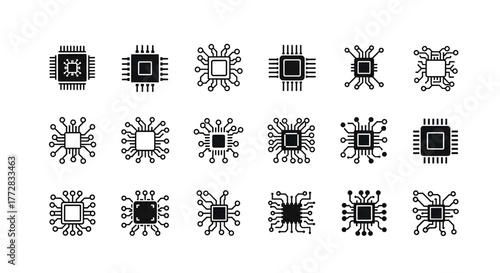 Diverse set of modern computer chip icons emphasizing connectivity, innovation, and digital technology, perfect for illustrating tech advancements and digital designs