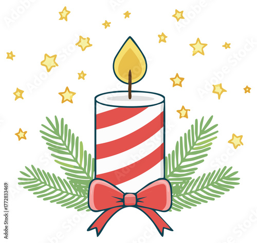 Festive Striped Christmas Candle with Red Bow Pine Branches and Stars Illustration