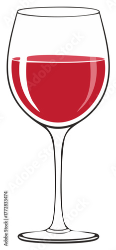 A realistic illustration of a clear wine glass filled with rich red wine